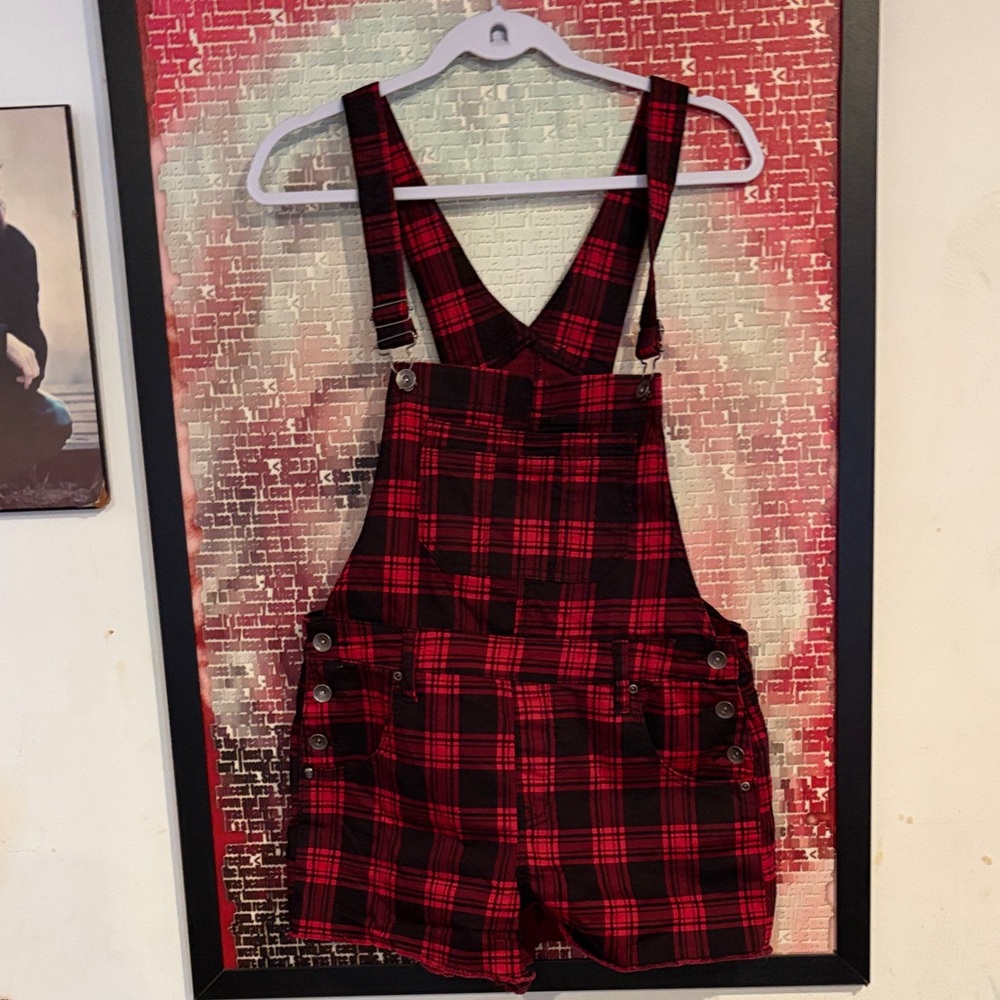 Hot Topic Red and Black Plaid Short Overalls